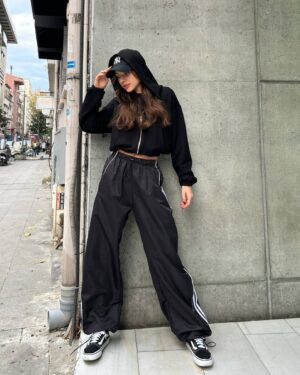 Black Striped Wide Leg Trackpants