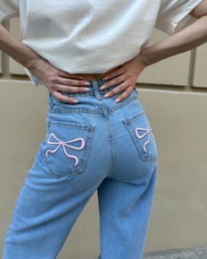 Back Ribboned Blue Baggy Straight Jeans