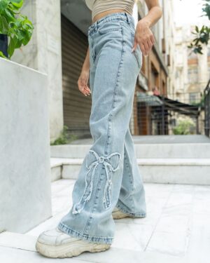 Washed Blue Side Ribbons Baggy Jeans
