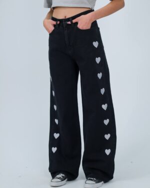 Black Embroidery Heart Extra Baggy Jeans