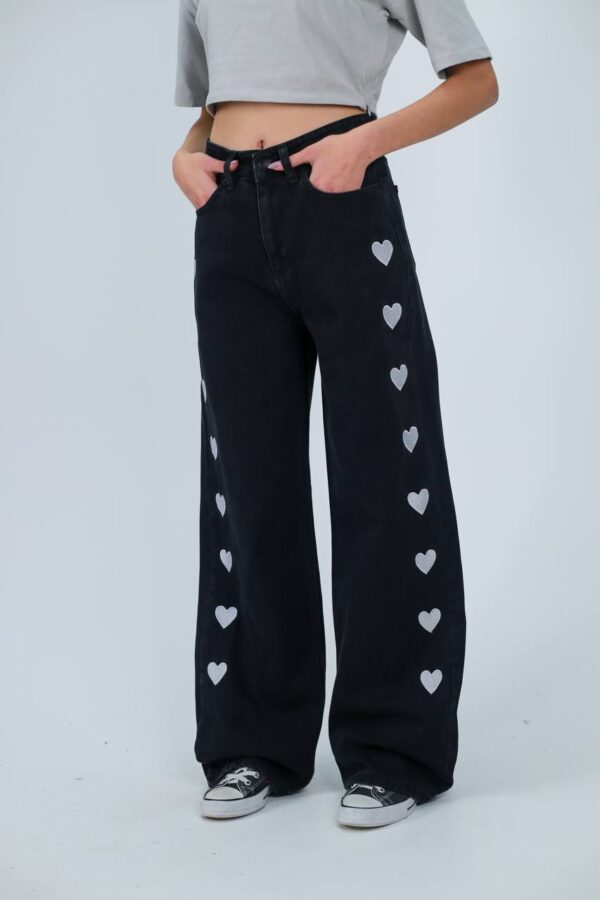 Black Embroidery Heart Extra Baggy Jeans