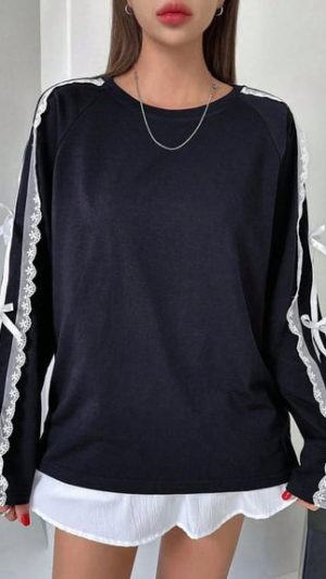 Navy Blue Lace Ribbon Long Sleeve Top