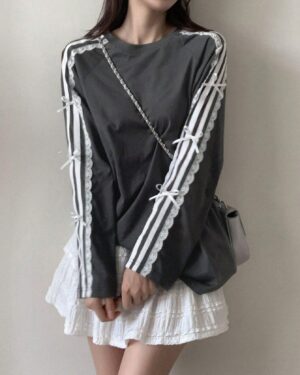 Fumed Lace Ribbon Long Sleeve Top