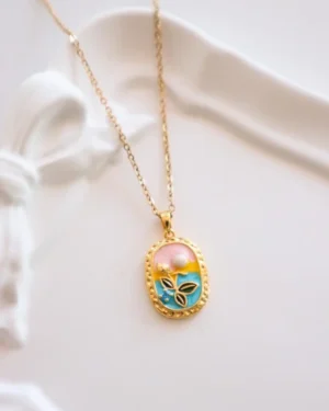 Stainless Steel Vintage Oval Frame Rose Necklace