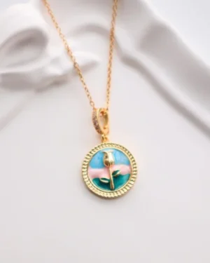 Stainless Steel Vintage Circle Frame Rose Necklace