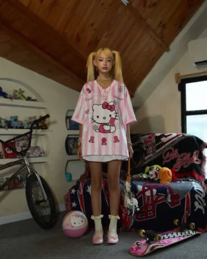 Pink and White Striped Hellokitty Oversized Unisex Jersey