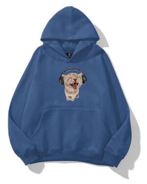 Headphoned Cat Navy Blue Extra Oversized Hoodie