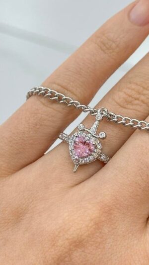 2 Pcs Set STAINLESS STEEL Pink Heart  Ring and  Sword Bracelet