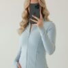 Sky Blue Basic Slim Fit Zippered Blouse