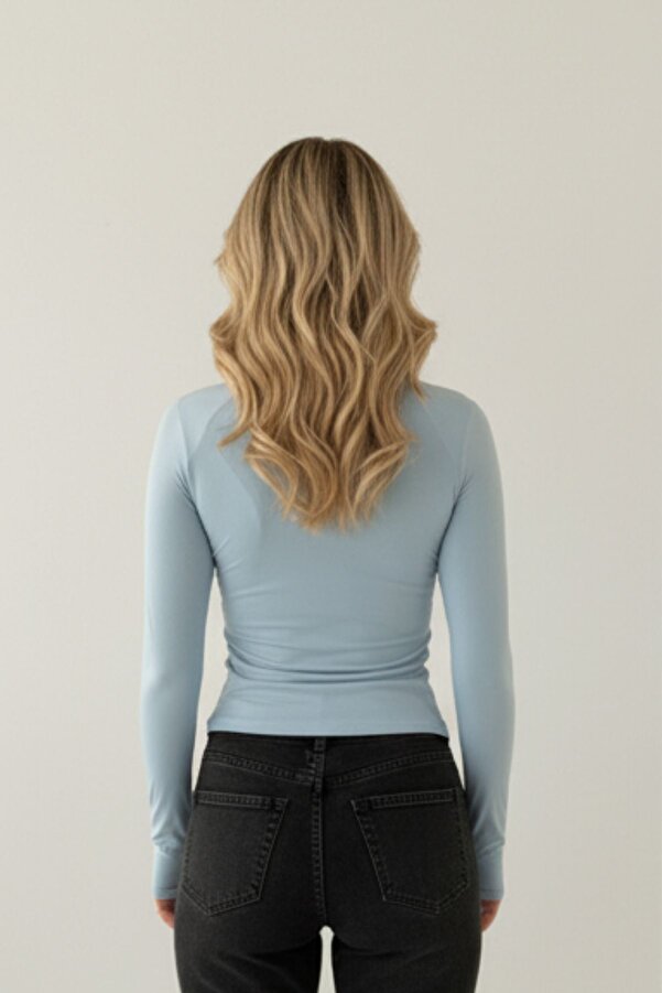 Sky Blue Basic Slim Fit Zippered Blouse