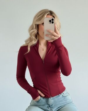 Burgundy Basic Slim Fit Zippered Blouse