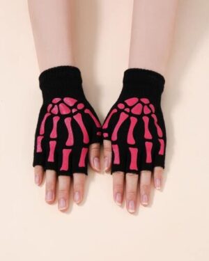 Half Finger Gloves with Red Skeleton print