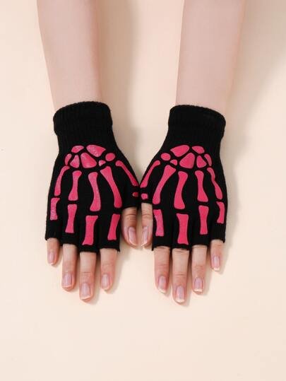 Half Finger Gloves with Red Skeleton print