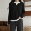 Korean Style Double Piece Long Sleeve Top - Black