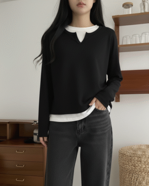 Korean Style Double Piece Long Sleeve Top - Black