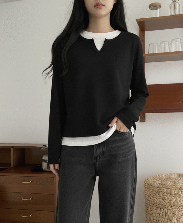 Korean Style Double Piece Long Sleeve Top - Black