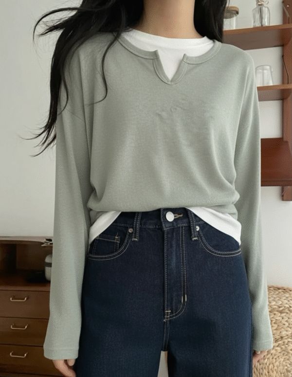 Korean Style Double Piece Long Sleeve Top - Gray