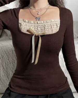 Brown Laced Long Sleeve Top