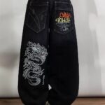 lacivert-dragon-vintage-yikamali Retro Dragon Emroidered Unisex Baggy Jeans