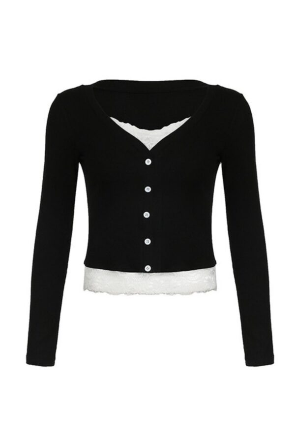 Black Double Laced Buttoned Long Sleeve Top
