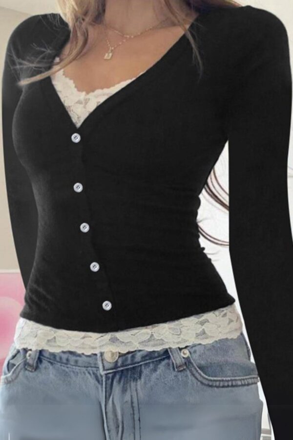 Black Double Laced Buttoned Long Sleeve Top