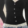Black Double Laced Buttoned Long Sleeve Top