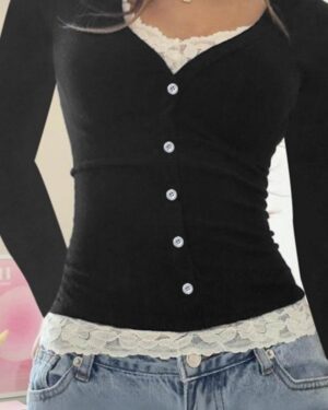 Black Double Laced Buttoned Long Sleeve Top