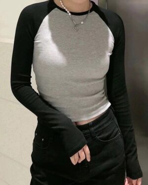 Black & Gray Raglan Long Sleeve Top