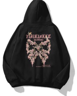 Flowered Bow Black Extra Oversized Hoodie