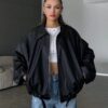 Belted Bomber Leather Jacket - Black