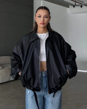 Belted Bomber Leather Jacket - Black