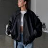 Belted Bomber Leather Jacket - Black