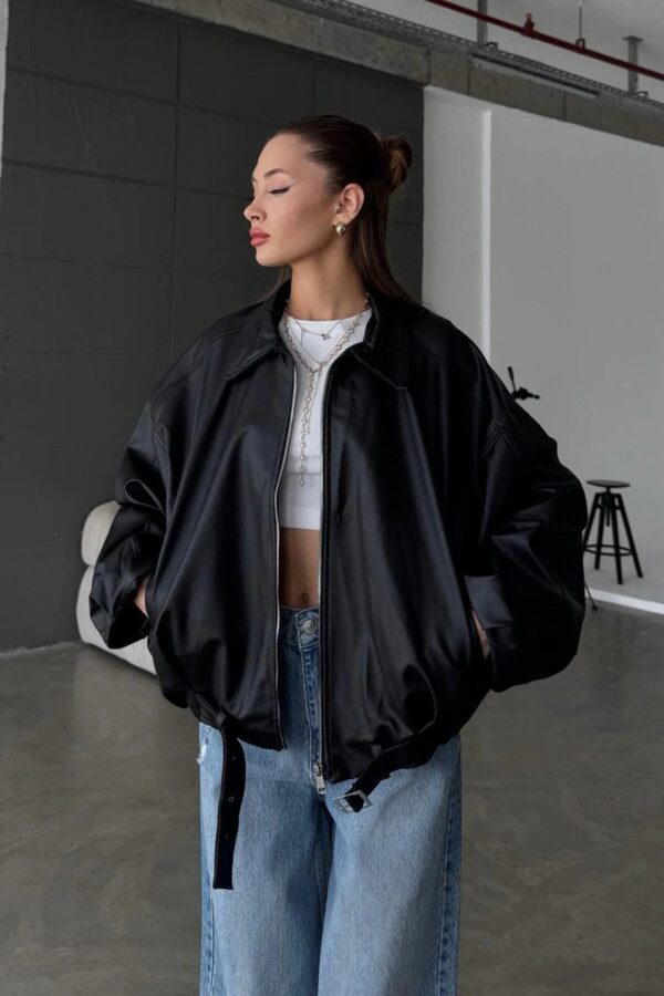 Belted Bomber Leather Jacket - Black