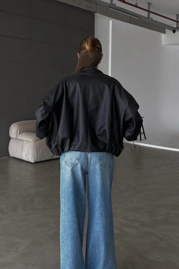 Belted Bomber Leather Jacket - Black