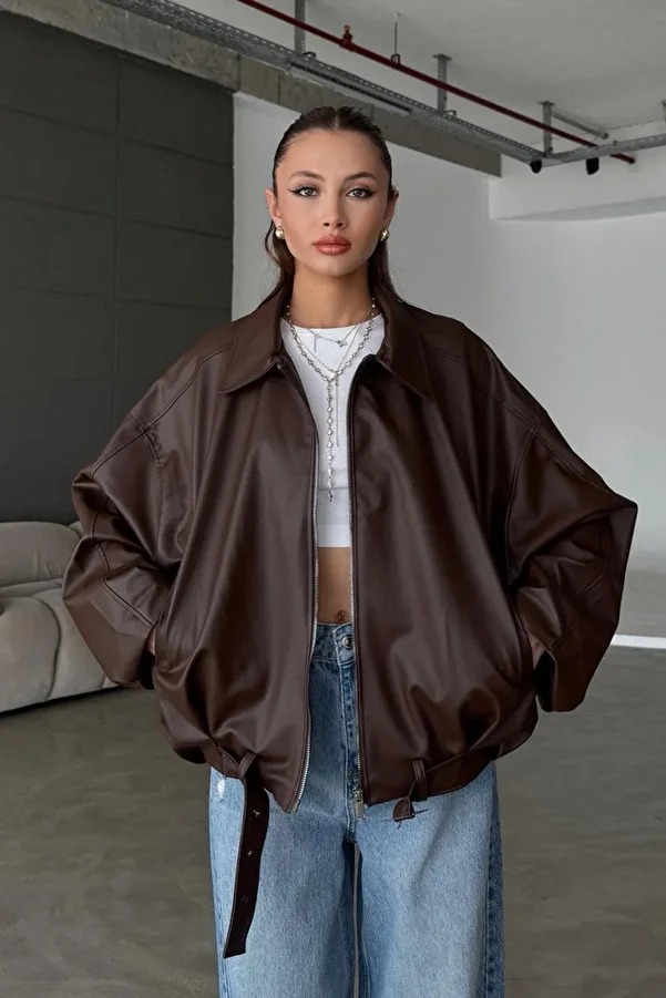 Belted Bomber Leather Jacket - Brown