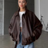 Belted Bomber Leather Jacket - Brown