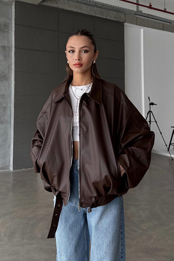 Belted Bomber Leather Jacket - Brown