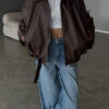 Belted Bomber Leather Jacket - Brown