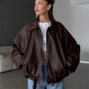 Belted Bomber Leather Jacket - Brown