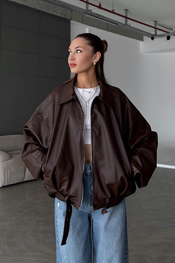 Belted Bomber Leather Jacket - Brown