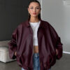 Belted Bomber Leather Jacket - Burgundy