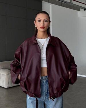 Belted Bomber Leather Jacket - Burgundy