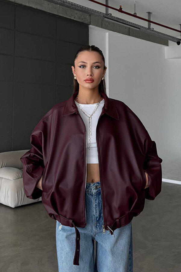 Belted Bomber Leather Jacket - Burgundy