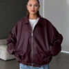 Belted Bomber Leather Jacket - Burgundy