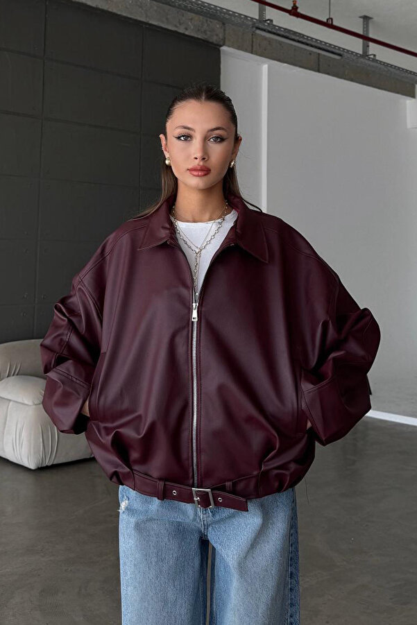 Belted Bomber Leather Jacket - Burgundy