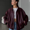 Belted Bomber Leather Jacket - Burgundy
