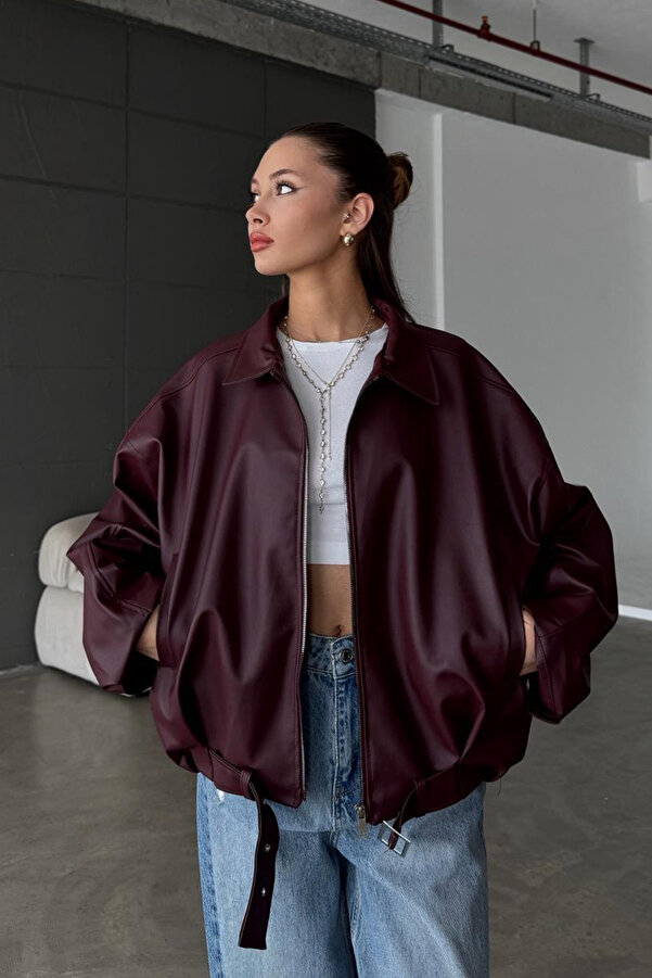 Belted Bomber Leather Jacket - Burgundy