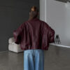 Belted Bomber Leather Jacket - Burgundy