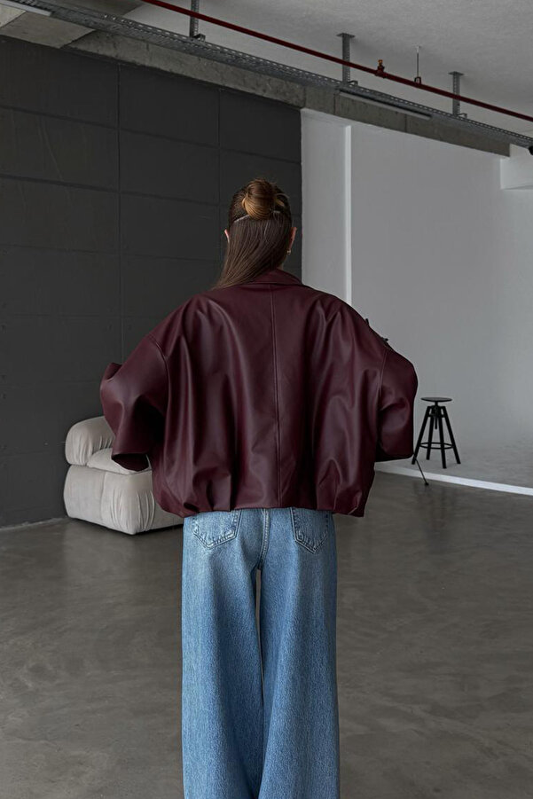 Belted Bomber Leather Jacket - Burgundy