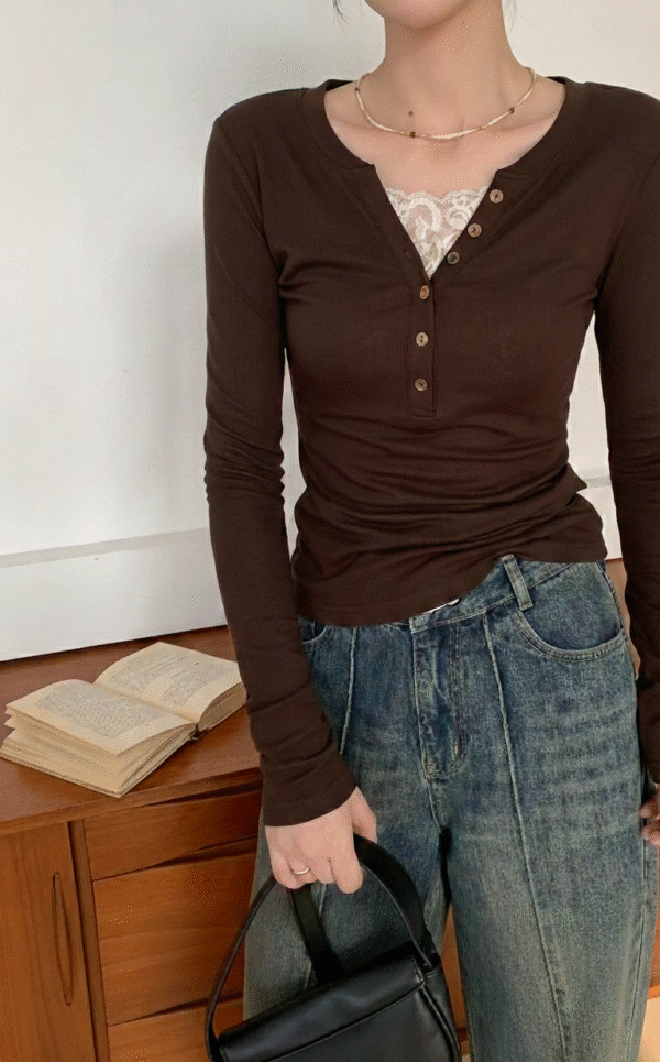 Brown Laced Buttoned Long Sleeve Top